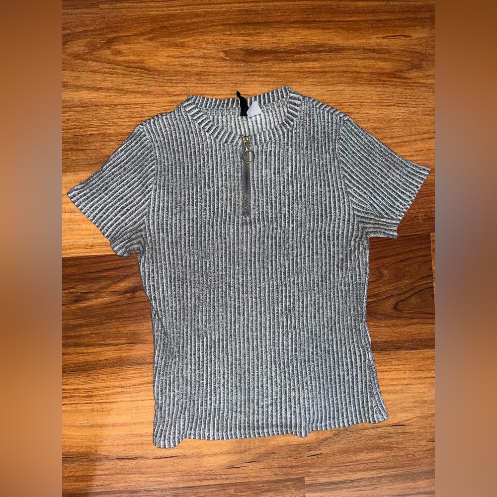 Grey H&M Short Sleeved Half Zip Business Casual Blouse